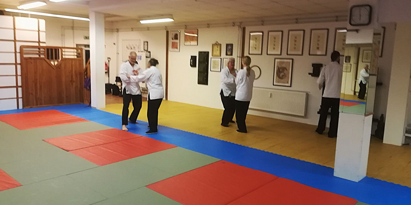 Menschen üben in einem Dojo; Matten in Rot, Grün und Blau, Wände mit Kunstwerken.